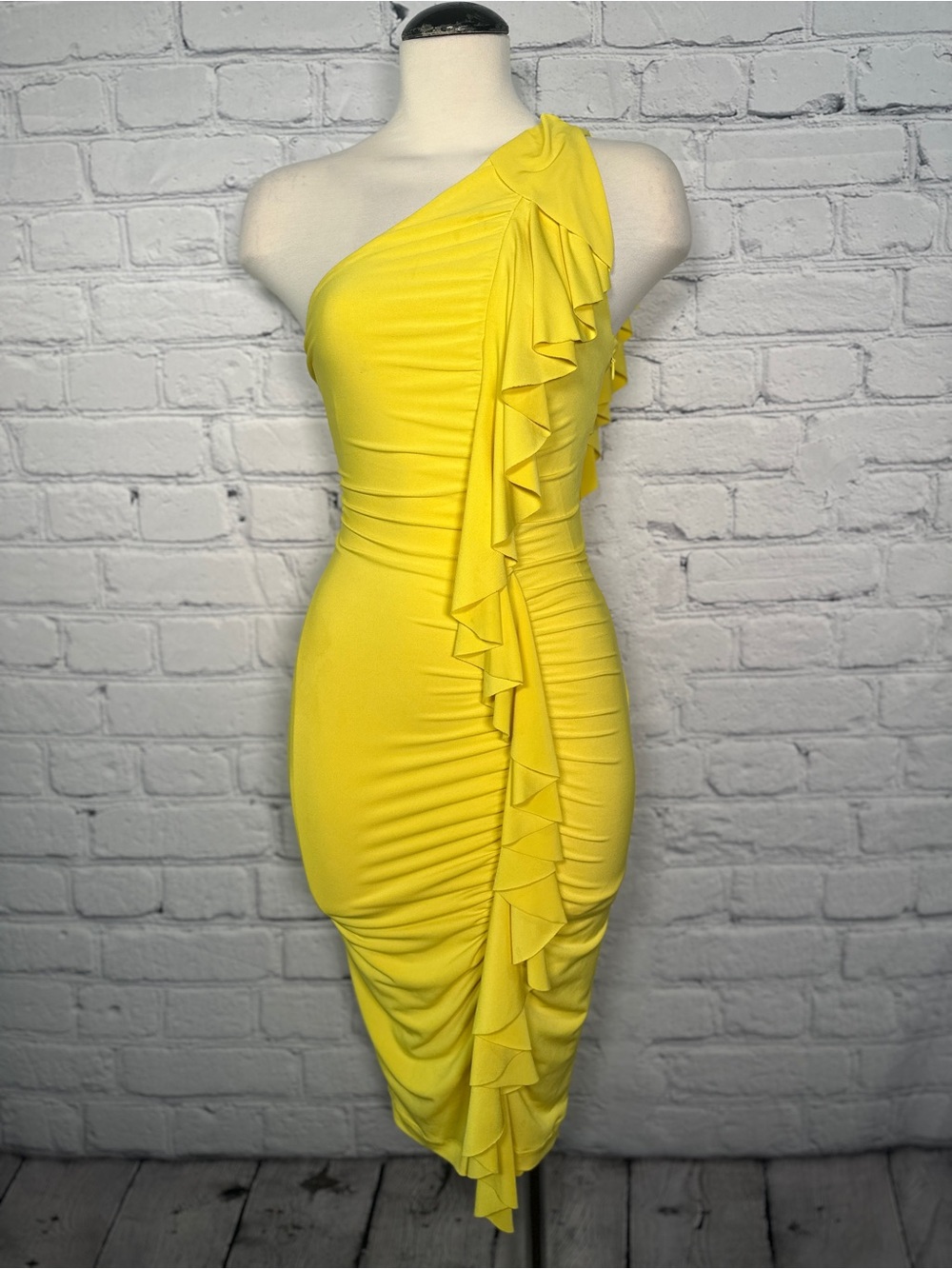 Cache Yellow Y2K One-Shoulder Ruffle Bodycon Dress 4